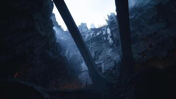 Exploring a dark canyon with towering rock formations and misty atmosphere video