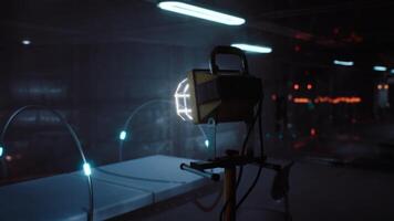 Advanced laboratory equipment illuminated by soft blue light in a dark setting video