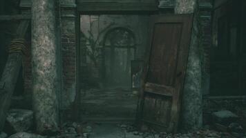 Abandoned building with an eerie atmosphere and a partially open door video