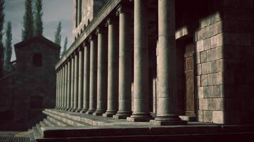 Detailed view of ancient stone columns in a historic architectural site video