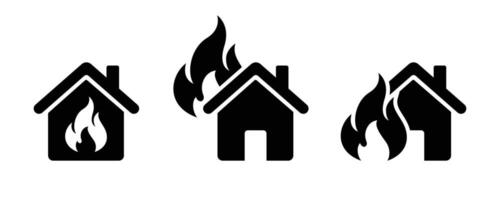 House on fire icons. Home fire symbol icon. House building in flames illustration sign. Insurance symbol. vector