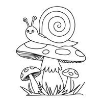 Coloring page with cute snail and mushrooms in grass for kids, kawaii black and white cartoon insects themed educational worksheet for print, game for preschoolers vector