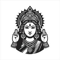 Silhouette of Goddess Laxmi and Lakshmi Mata Outline Art on Lotus Flower for Lakshmi Puja Special Maa Durga Design Divine Warrior vector