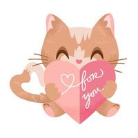 Red Cat Character Holding Valentines Day Card. vector