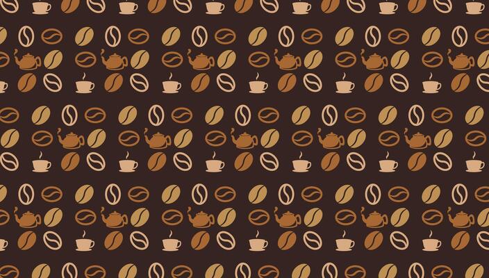 coffee bean pattern background design template with mug, teapot and coffee