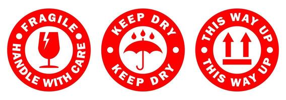 Fragile round circle stamp sticker icon symbol set. Handle with care logo sign. Keep dry, This way up warning sticker collection. illustration image. Isolated on white background. vector
