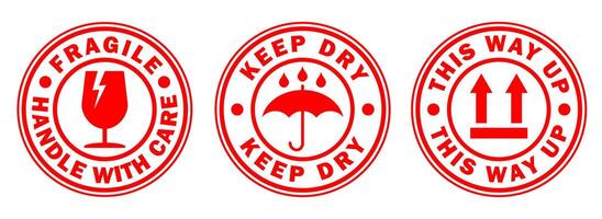 Fragile round circle stamp sticker icon symbol set. Handle with care logo sign. Keep dry, This way up. warning sticker collection illustration image. Isolated on white background. vector