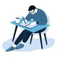 a man sitting at a desk with a pen and notebook vector