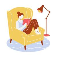 woman reading book in chair with lamp and lampshade vector