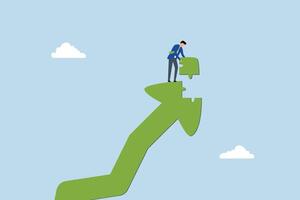 Growth strategy, clever entrepreneur placed final piece of jigsaw puzzle to finish upward arrow metaphor representing growth. vector