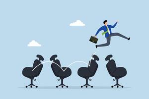 Job hopping, happy job seeker leaping from desk chair to new workspace symbolizing frequent job transitions. vector