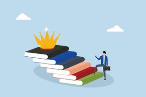 knowledge steps to success, entrepreneur climbs pile of books like stairs to reach the crown above. vector