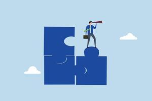 Finding solution, entrepreneur positioned on unfinished puzzle searching for absent fragment. vector