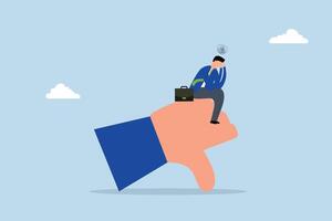Demotivation from failure, unhappy pressured executive sits on a negative thumbs down vector