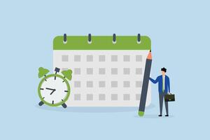 Calendar date event, businessman circles significant date event on calendar. vector