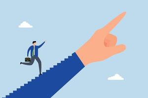 Success step, businessman ascends stairway while leader gestures with hand. vector
