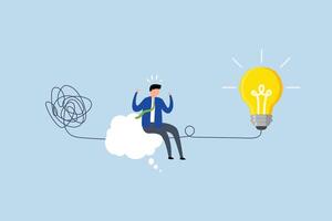Problem solving skill, entrepreneur in thought cloud linking question mark to lightbulb answer. vector