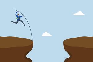 Overcome difficulty to reach business success, assurance entrepreneur pole vaulting leap across chasm divide. vector
