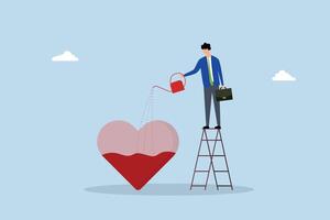 Work passion, entrepreneur pouring water to complete heart shape symbolizing fervor. vector