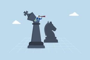 Success strategy, businessman leader unfolds chess king with binoculars to scan the future. vector