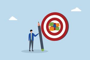 Goal setting, entrepreneur jots down objectives on paper and places them on large dartboard. vector