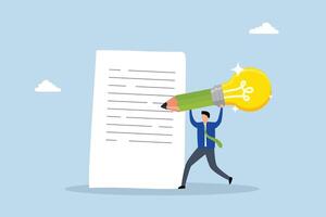 Copywriter, intelligent young man employing large pencil with bright idea sketching on paper. vector