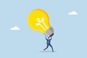 Big idea, entrepreneur holding large lightbulb concept racing to create innovative product vector