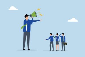 Dominant leader, enormous corporate executive using loudspeaker to direct staff. vector