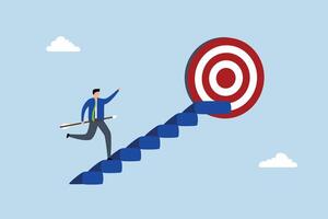 Success step to reach business goal, joyful entrepreneur holding dart ascends staircase to hit dartboard target. vector