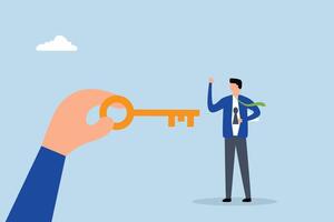 coach possessing the success golden key to open the employee keyhole. vector