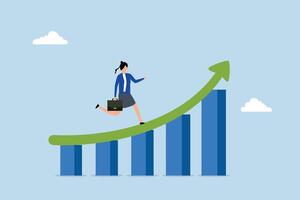 Work improvement, businesswoman ascending an upward arrow on a performance enhancement bar chart. vector