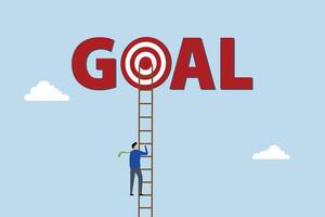 Ladder to reach goal, clever entrepreneur ascends ladder high into the cloud to hit target bullseye. vector