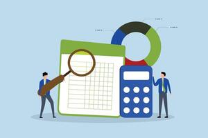 Accounting and finance audit, Business professionals accountants using calculators and spreadsheets to generate reports. vector