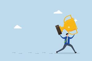 Success footprint, successful businessman holding large trophy walking away leaving a path to follow vector