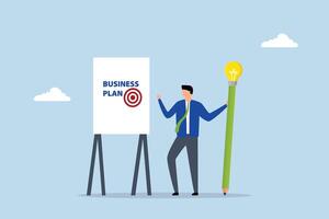 Writing business plan to list idea, entrepreneur grasping lightbulb concept pencil preparing to draft business strategy on whiteboard. vector