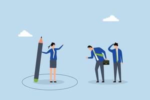 Personal space, entrepreneur drawing personal boundary circle with pencil to shield herself from colleagues. vector