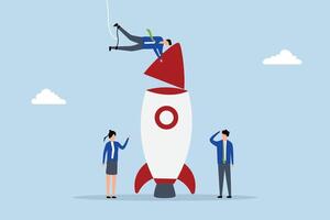 Build startup company, Innovative businessman and woman colleagues assist one another in constructing rocket. vector