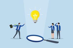 team of business professionals observing a lightbulb suspended from magnifying glass. vector