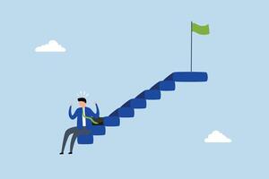 Fear of failure, downcast businessman quits solitary on staircase to achievement target. vector