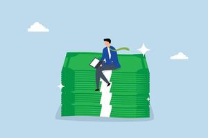 joyful entrepreneur using laptop atop a pile of money stacks. vector