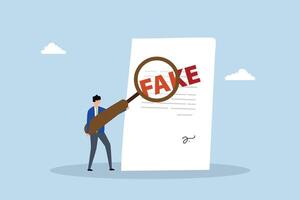 Fake document, clever entrepreneur examiner employing magnifying lens to check counterfeit document. vector