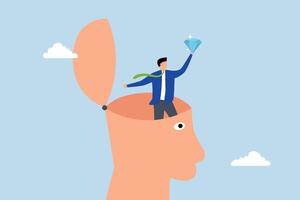 Self discovery, joyful entrepreneur achieves discovering precious gem within his mind. vector