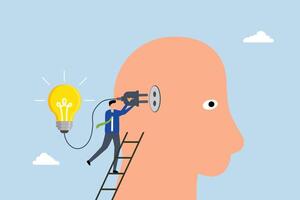 Creativity and idea thinking, clever entrepreneur ascends the steps to connect an innovative lightbulb to his mind. vector