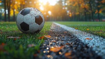 dirty soccer ball ling on soccer field photo
