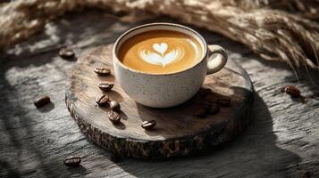 cappuccino stands on the table on a wooden stand photo