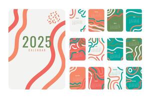 A set of 12 minimalist calendar cards for 2025, each featuring a unique abstract design in earthy tones. Perfect for planners, journals, and home decor. vector