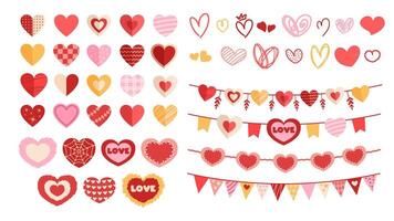 Set of flat hearts on white background. Simple hearts with patterns. Collection of elements for Valentine's Day vector