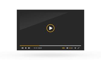 A modern player interface with a dark theme and orange accent color. The control bar contains timestamps, playback progress and icons for HD quality toggle, volume, settings and fullscreen vector