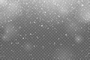 A realistic snowfall overlay effect on a dark background. Simple illustration of various sizes white snowflakes creating wintry atmosphere. Design template for Christmas cards, banners, posters vector
