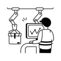 A worker monitoring a computer screen displaying graphs, likely related to warehouse vector